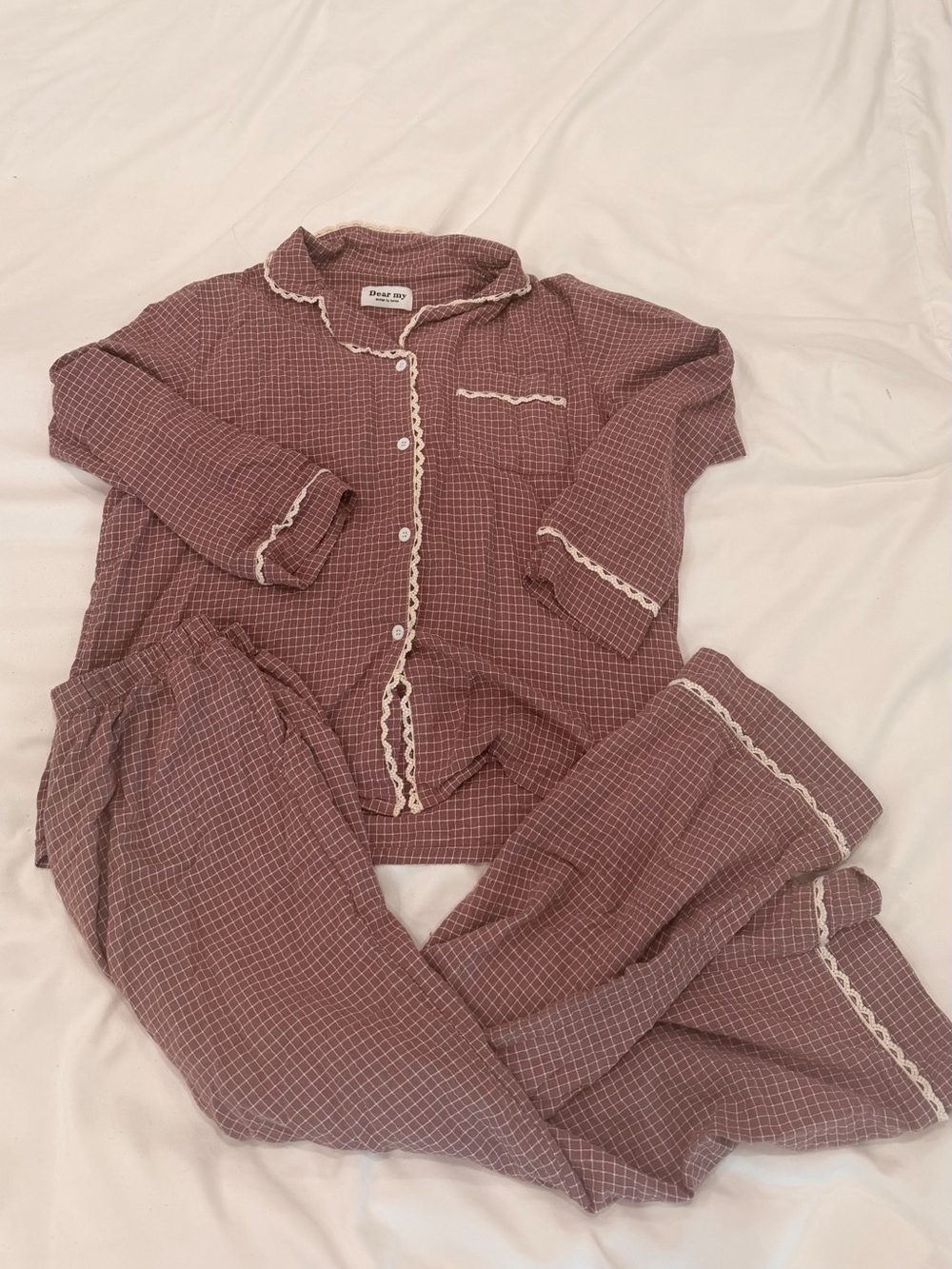 Petite size small- Korean designed waffle texture lace trim button up pajama set